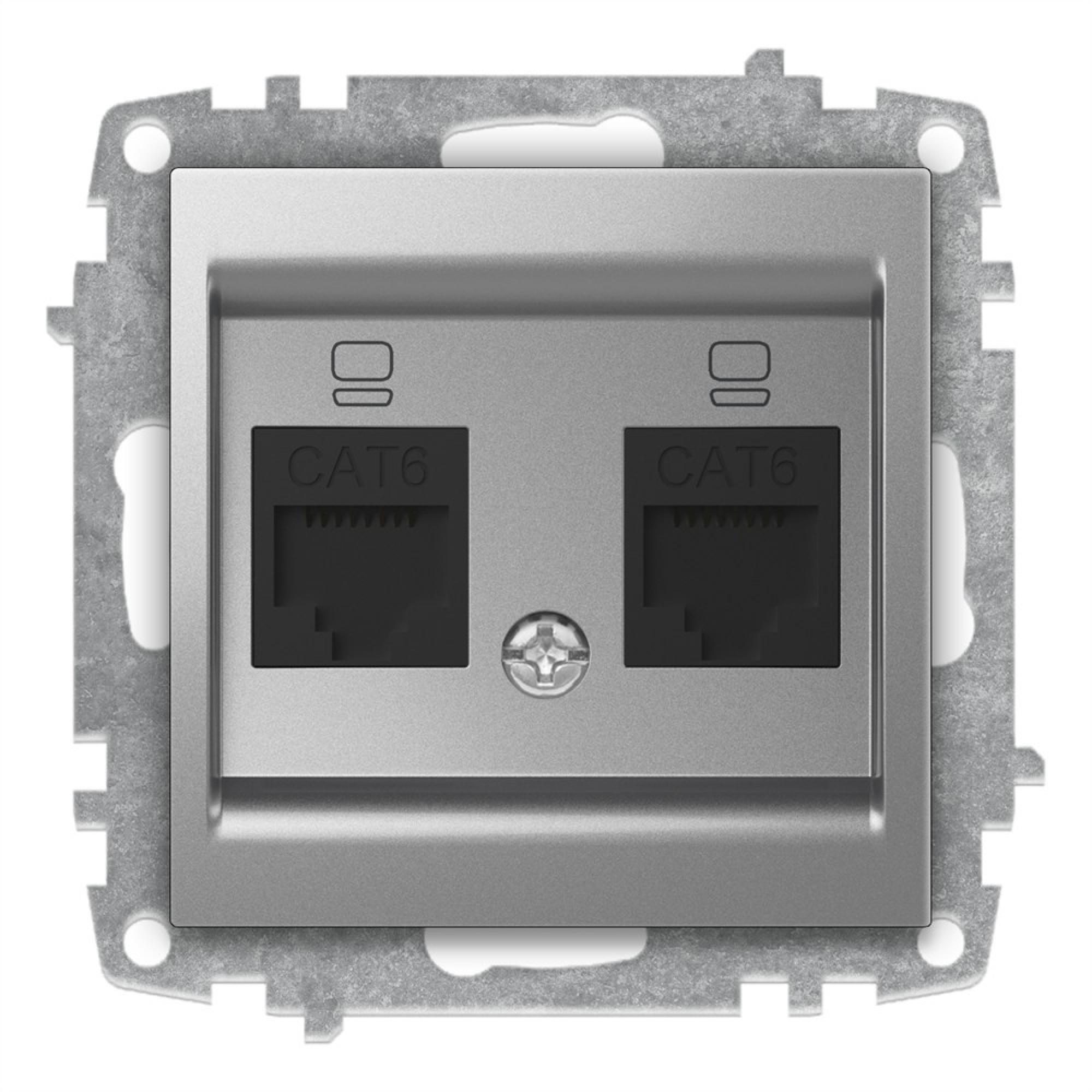 2 FACH ISDN DOSE CAT 6 ohne JACK EINGANG (Einsatz + Deckel) ZENA Met. Silber