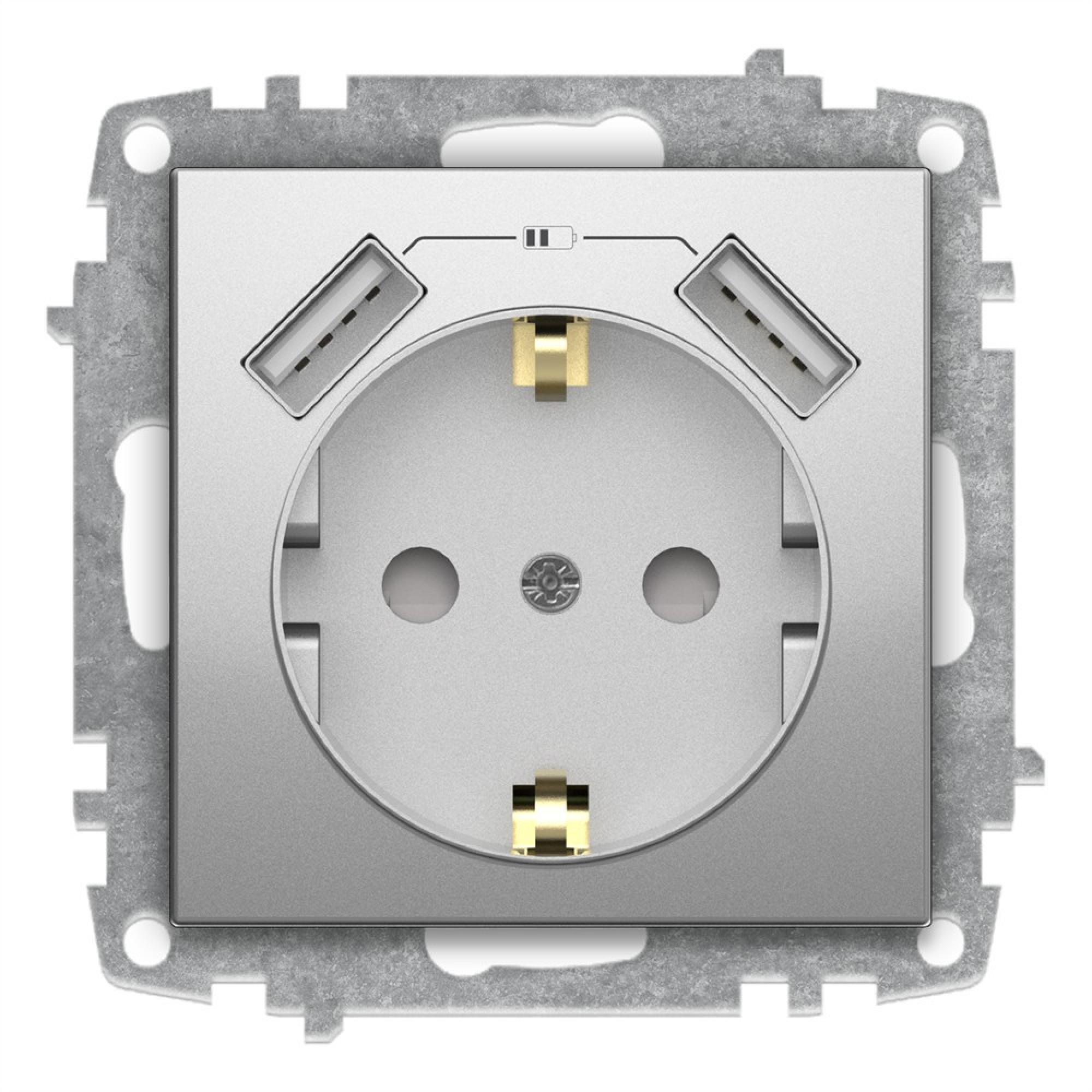 USB STECKDOSE mit KINDERSICHERUNG und 2f USB-A Anschluss (Einsatz mit Zentralscheibe) ZENA Met. Silber