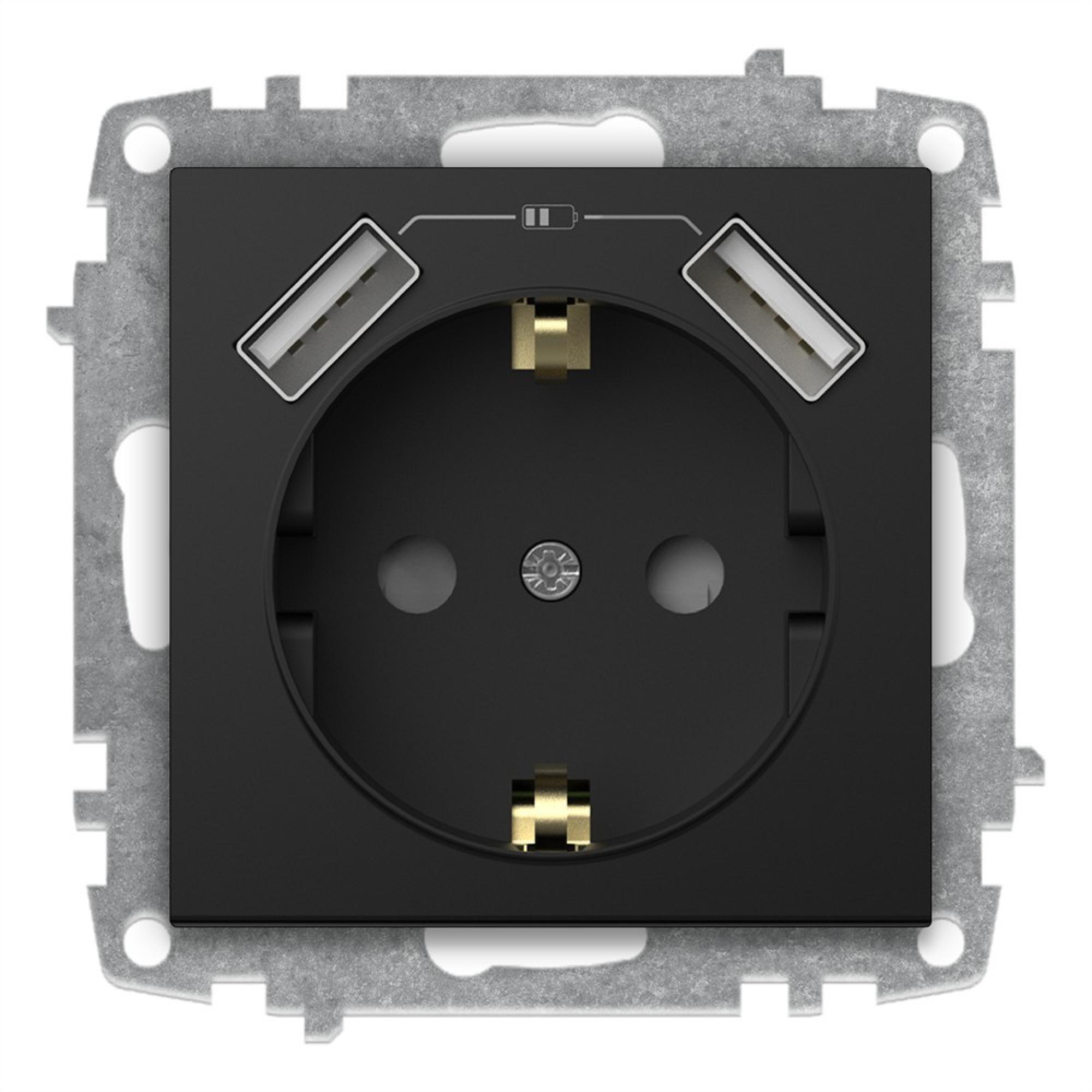 USB STECKDOSE mit KINDERSICHERUNG und 2f USB-A Anschluss (Einsatz mit Zentralscheibe) ZENA Vantablack