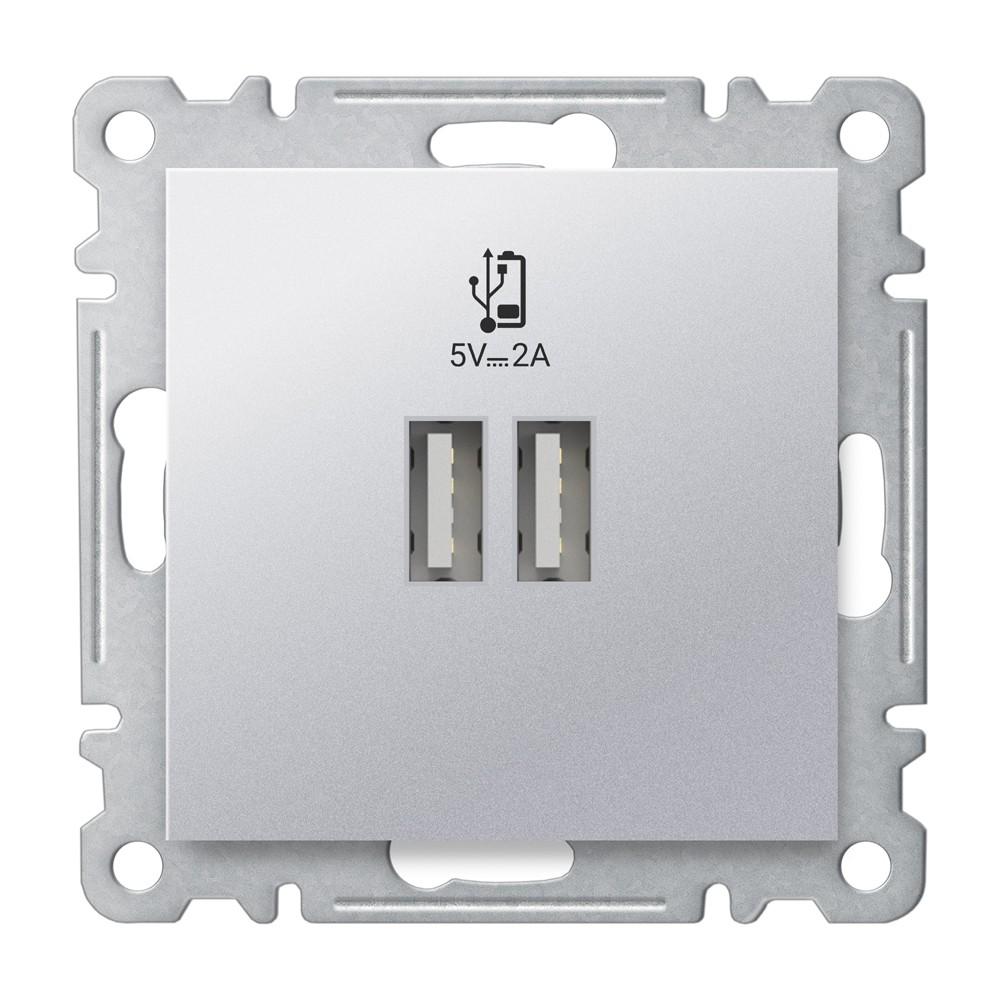 DOPPEL KOMBI USB DOSE NETZTEIL LADEGERÄT  ( Einsatz + Deckel ) KAREA Met. Silber