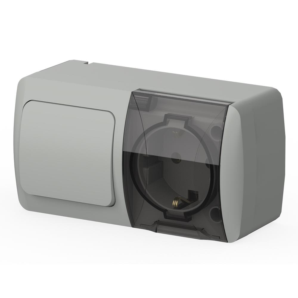 Kombi Steckdose mit Ein und Ausschalter – Aufputz IP54 Feuchtraum – Grau – EVA