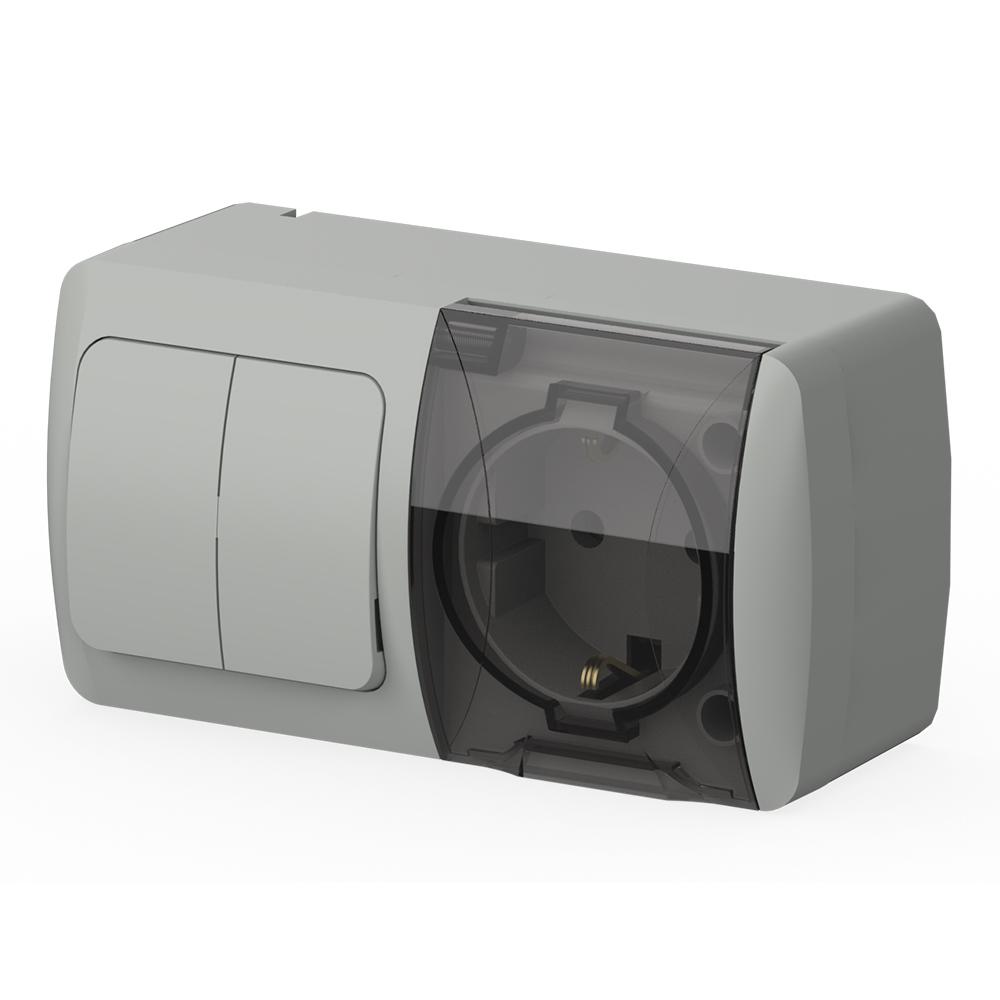 Kombi Steckdose mit Serienschalter – Aufputz IP54 Feuchtraum – Grau – EVA