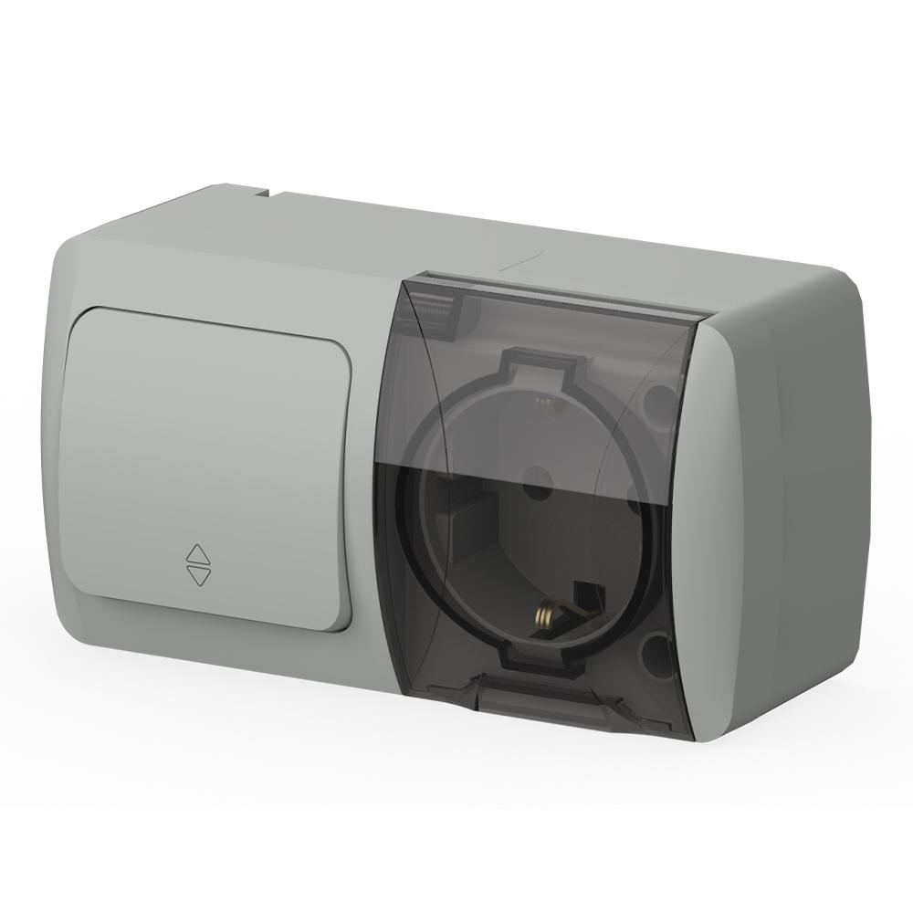 Kombi Steckdose mit Wechselschalter – Aufputz IP54 Feuchtraum – Grau – EVA