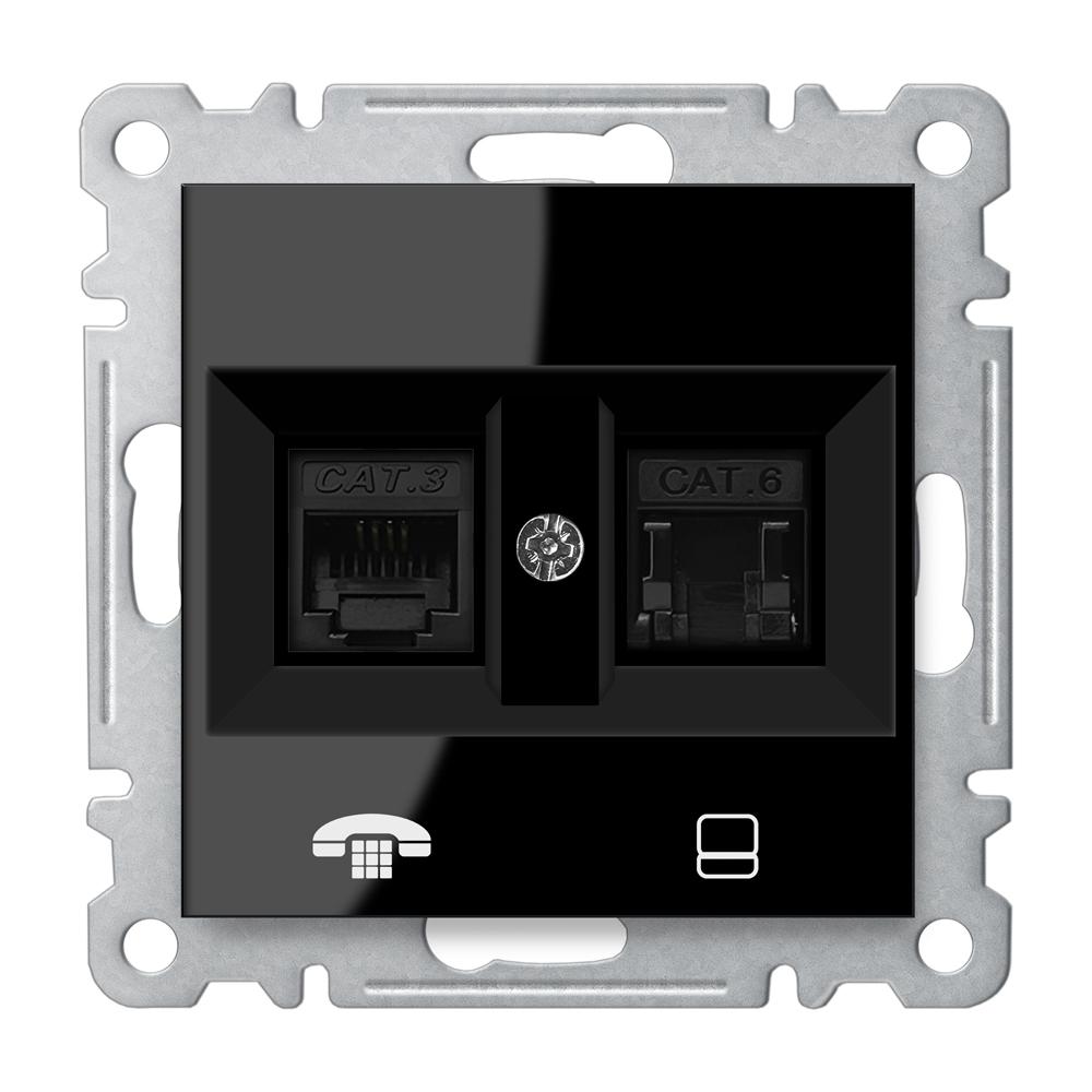 KOMBI ISDN NETZWERK + TELEFONDOSE ( CAT3 + CAT6 ) ( Einsatz + Deckel ) LUNIS Schwarz