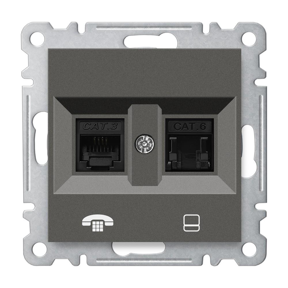 KOMBI ISDN NETZWERK + TELEFONDOSE ( CAT3 + CAT6 ) ( Einsatz + Deckel ) KAREA Anthrazit