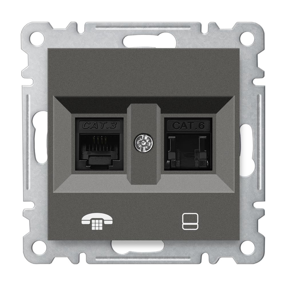 KOMBI ISDN NETZWERK + TELEFONDOSE ( CAT3 + CAT6 ) ( Einsatz + Deckel ) LUNIS Anthrazit