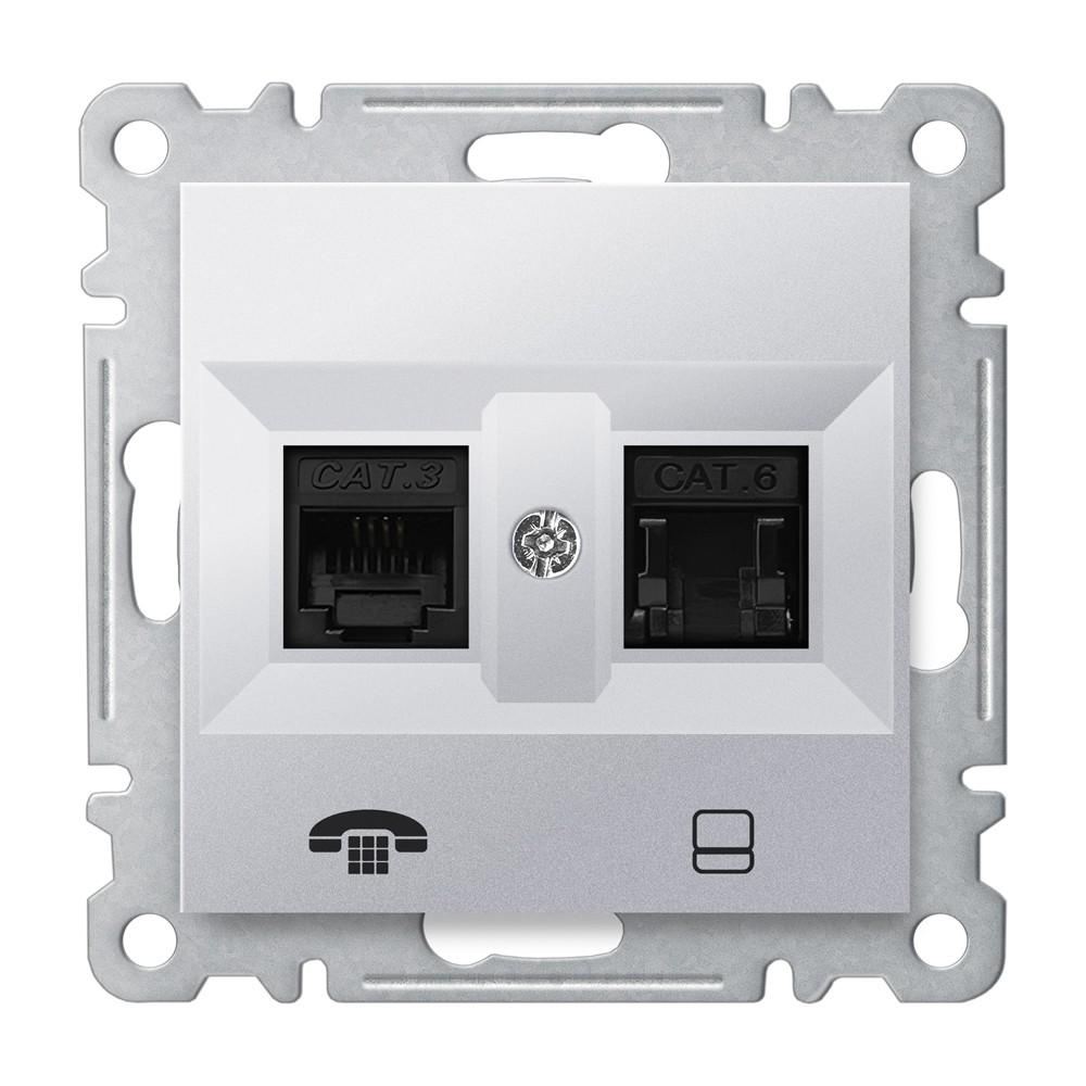 KOMBI ISDN NETZWERK + TELEFONDOSE ( CAT3 + CAT6 ) ( Einsatz + Deckel ) KAREA Met. Silber