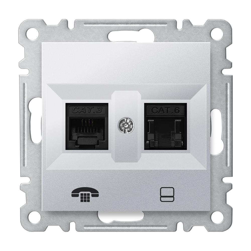 KOMBI ISDN NETZWERK + TELEFONDOSE ( CAT3 + CAT6 ) ( Einsatz + Deckel ) LUNIS Met. Silber