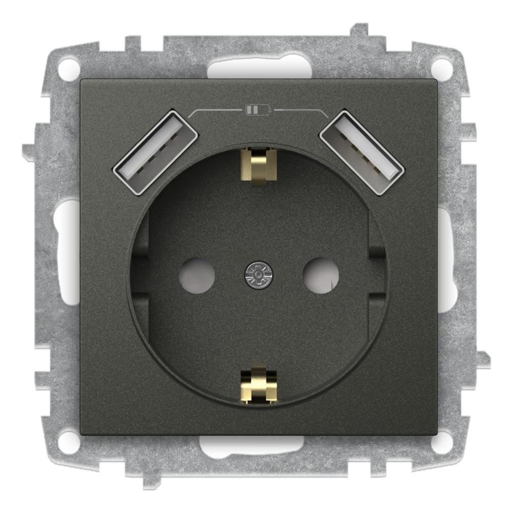 USB STECKDOSE mit KINDERSICHERUNG und 2f USB-A Anschluss (Einsatz mit Zentralscheibe) ZENA Anthrazit