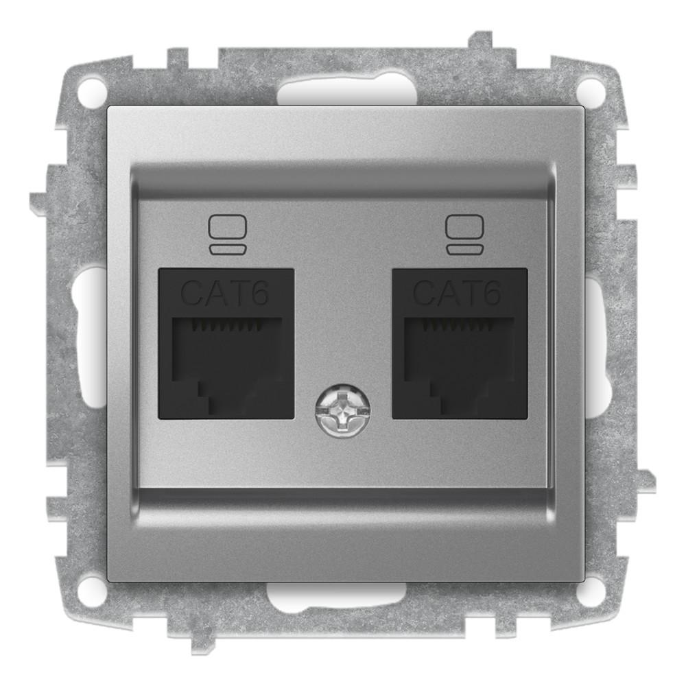 2 FACH ISDN DOSE CAT 6 ohne JACK EINGANG (Einsatz + Deckel) ZENA Met. Silber