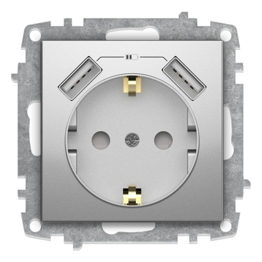 USB STECKDOSE mit KINDERSICHERUNG und 2f USB-A Anschluss (Einsatz mit Zentralscheibe) ZENA Met. Silber