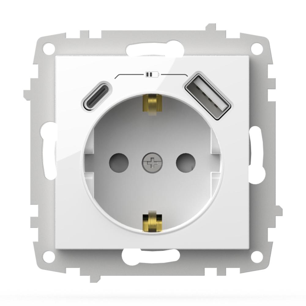 USB STECKDOSE mit KINDERSICHERUNG und 2f USB-A und USB-C Anschluss (Einsatz mit Zentralscheibe) VEGA Alpinweiss