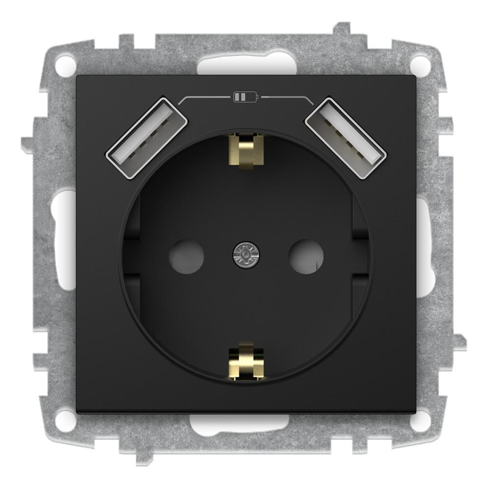 USB STECKDOSE mit KINDERSICHERUNG und 2f USB-A Anschluss (Einsatz mit Zentralscheibe) VEGA Vantablack